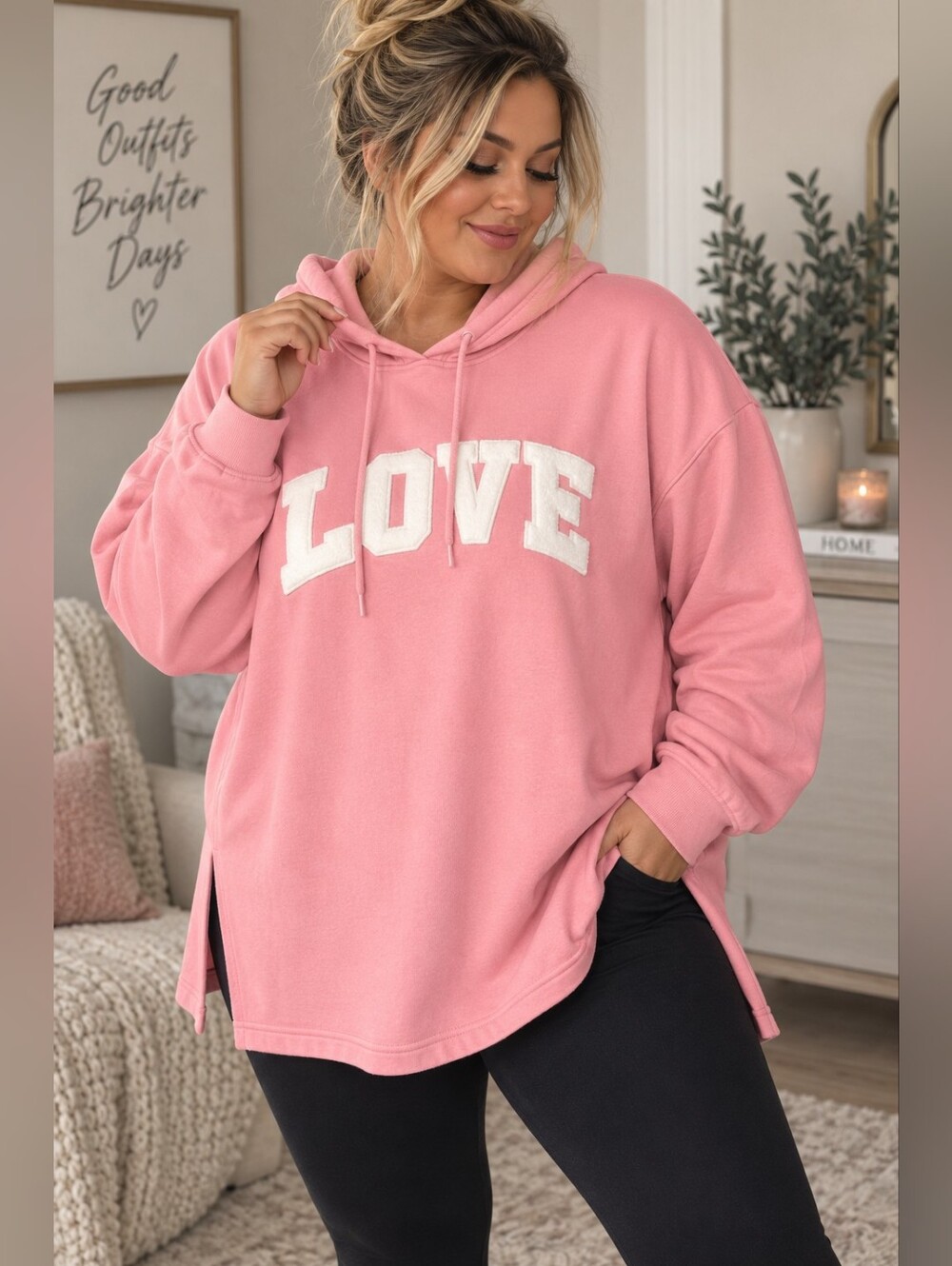 Women’s 2X Pink LOVE Appliqué Oversized Pullover Hoodie Side Slit